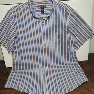 Chaps Men's Shirt Size L Blue Striped Short Sleeve Preppy Button-Down Collared
